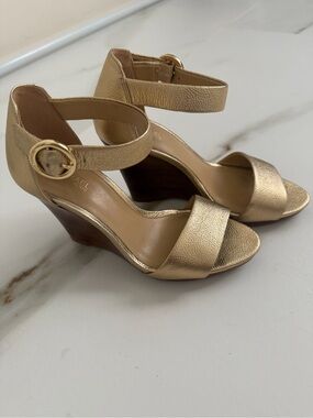 Michael Kors Gold Leather Wedge Sandals with Ankle Strap